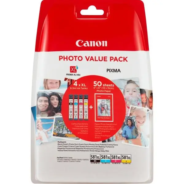 Canon CLI-581 XL C/M/Y/BK Multi Pack + 50 sheets 4x6" Photo Paper (PP-201) - 2052C004AA