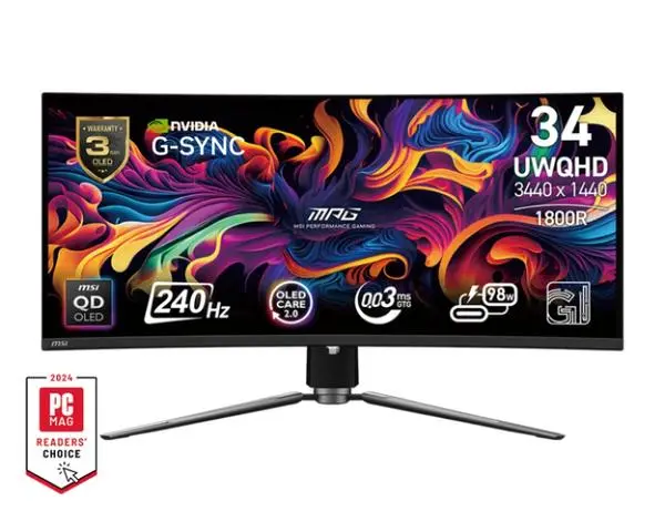 MSI MPG 341CQPX QD-OLED, 34.18", 0.03ms, 240Hz, 3440x1440(UWQHD), 21:9, CURVE 1800R, AR, FreeSync Premium Pro - 9S6-3DD04T-025
