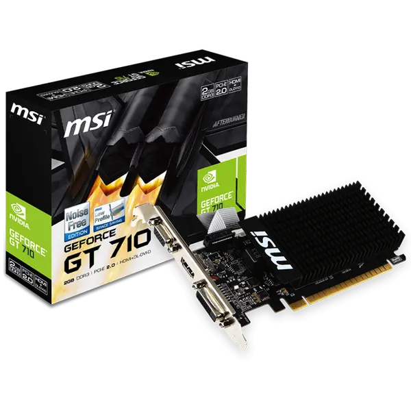 MSI Video Card NVidia GeForce GT 710, 2048MB DDR3, 64-bit, 12.8 GB/s, 1600 Mbps Effective Memory Speed, 954 MHz Clock, PCI Express 2.0, HDMI 1.4, Dual-link DVI-D - GT 710 2GD3H LP