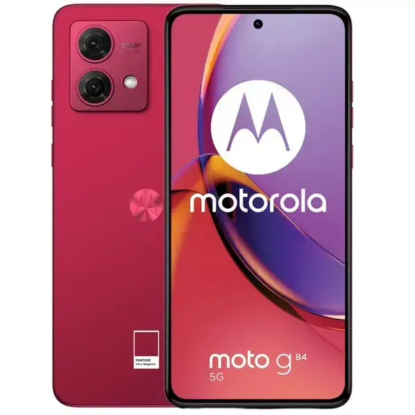 Motorola Moto G84 5G (червен), поддържа 2 SIM карти, 6.5" (16.51cm) pOLED 120Hz дисплей, осемядрен Snapdragon 695 5G 2x2.2 GHz & 6x1.7 GHz, 12GB RAM, 256GB Flash памет (+microSD слот), 50 + 8 + 16 Mpix камери, Android, 166g, PAYM0009PL