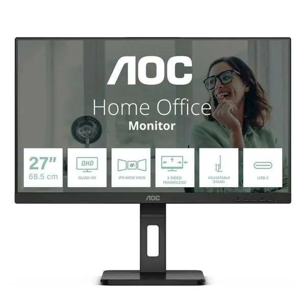 Монитор AOC Q27P3CV, 27" (68.58 cm) IPS панел, 75Hz, QHD, 14ms, 50 000 000:1, 350 cd/m2, Displayport, HDMI, USB-C, USB, LAN