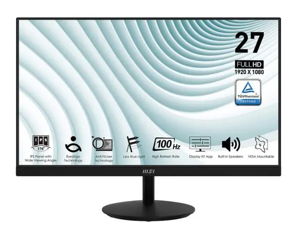 MSI PRO MP271A, 27", 1ms, 100Hz, IPS, 1920x1080 (FHD), 16:9, FLAT, Display Kit App, Adaptive-Sync, EyesErgo - 9S6-3PA2CT-057