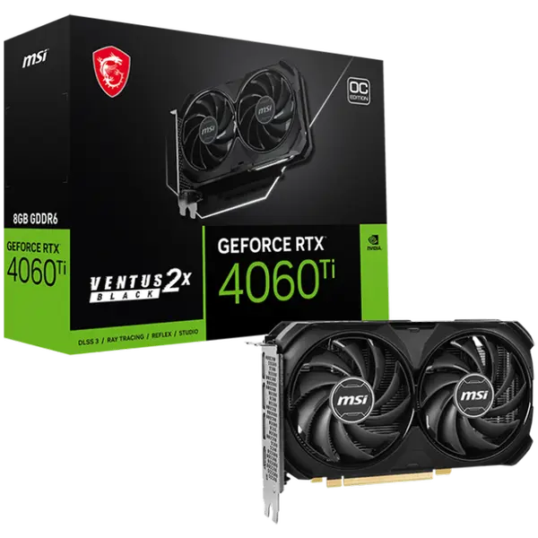 MSI Video Card Nvidia GeForce RTX 4060 Ti VENTUS 2X BLACK 8G OC, 8GB GDDR6, 128bit, Effective Memory Clock: 18000MHz, Boost: 2580 MHz, 4352 CUDA Cores - RTX_4060_TI_VENTUS_2X_BLACK_8G_OC