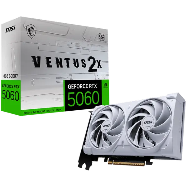 MSI Video Card NVIDIA GeForce RTX 5060 8G VENTUS 2X OC WHITE, 8GB GDDR7, 128-bit, 2535 MHz Boost, 3840 CUDA Cores, PCIe 5.0 (x8), 3x DP 2.1b, HDMI 2.1b - RTX_5060_8G_VENTUS_2X_OC_WHITE