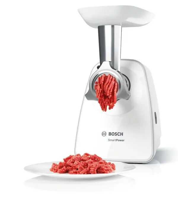 Bosch MFW2520W, Meat mincer, SmartPower Meat mincer from SmartPower range: 1500W, 1,7 kg/min, 2 sieves, 1 sausage horn, kebbe attachment, no reverse, white - MFW2520W
