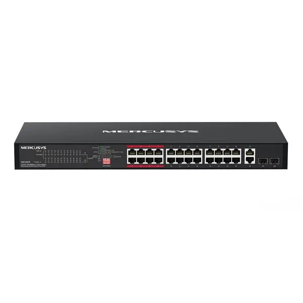 24-портов 10/100 Mbps + 2-портов Gigabit Rackmount комутатор с 24 PoE+ порта Mercusys MS126CP (v)