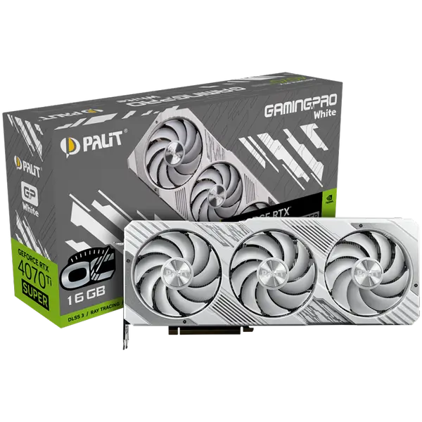 Palit GeForce RTX 4070Ti Super GamingPro White OC 16GB GDDR6X, 256 bit, 2340 Mhz/2655 Mhz, 1x HDMI 2.1a, 3x DP 1.4a, 3 Fan, 1x 16-pin pwr connector, recommended pwr 750W - 4710562244410_3Y