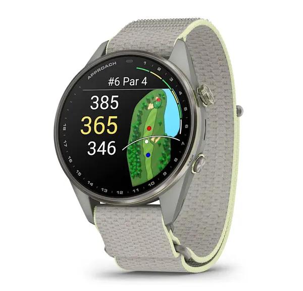 Garmin Approach S72 - 47 мм - Silver/Citron Titanium Bezel с Fog Grey/Citron ComfortFit Fabric каишка - 010-04148-04