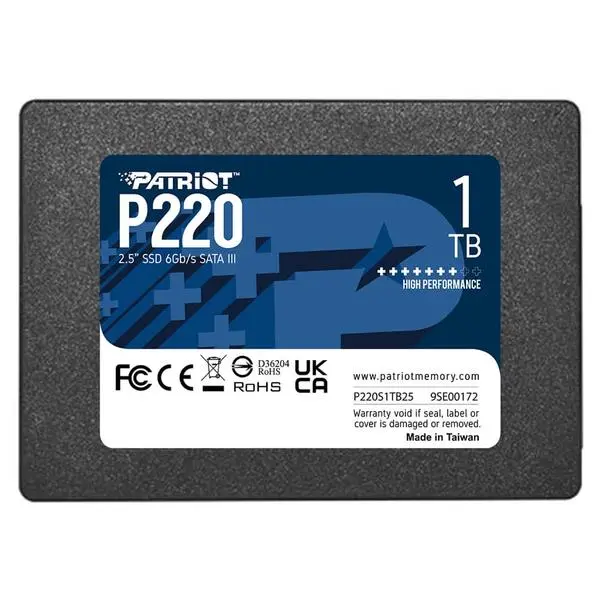 Памет SSD 1TB Patriot P220, SATA 6Gb/s, 2.5"(6.35cm), скорост на четене до 550MB/s, скорост на запис до 500MB/s