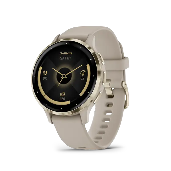 Смарт часовник Garmin Venu 3S, 1.2" (3.04cm) AMOLED дисплей, до 10 дни време на работа, 5ATM, Bluetooth, ANT+, Wi-Fi, GPS, пулсомер, следене на съня, силиконова каишка, златист безел със сив корпус,  010-02785-02