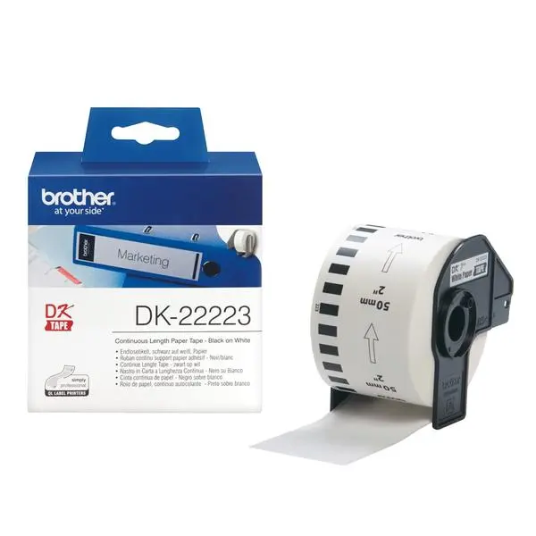 Brother DK-22223 White Continuous Length Paper Tape 50mm x 30.48m, Black on White - DK22223