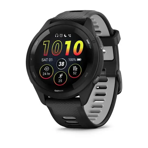 Смарт часовник Garmin Forerunner 265 Powder Gray, 32.5mm (1.3"), Bluetooth, Wi-Fi, до 13 дни време за работа, множество фитнес функции, профили за бягане, 8GB Flash памет, черен корпус със сиво-черна каишка,  010-02810-10