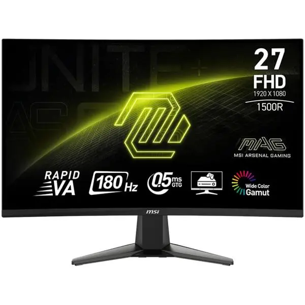 Монитор MSI MAG 27C6F (9S6-3CE11M-001), 27" (68.58cm) Curved VA панел, 180Hz, Full HD, 0.5ms, 100 000 000:1, 250cd/m2, DisplayPort, HDMI