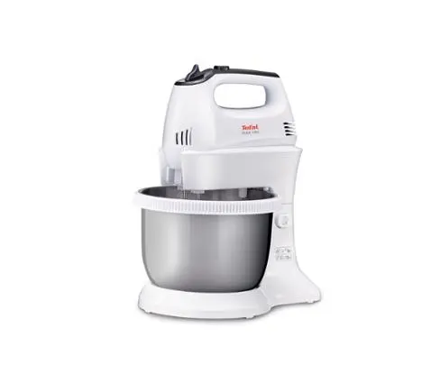Tefal HT312138, Quick mix Hand Mixer with bowl, 300 W, 5 Speeds + turbo, 2 Beaters, 2 Dough hooks, automatic rotating bowl, white & inox standbowl - HT312138