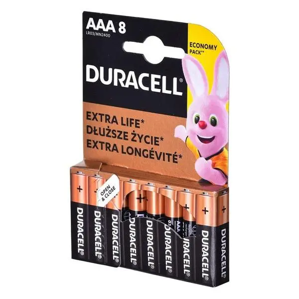 Батерии алкални Duracell LR03/MN2400(DBAAALR03), ААA, 1.5 V, 8 бр. в опаковка