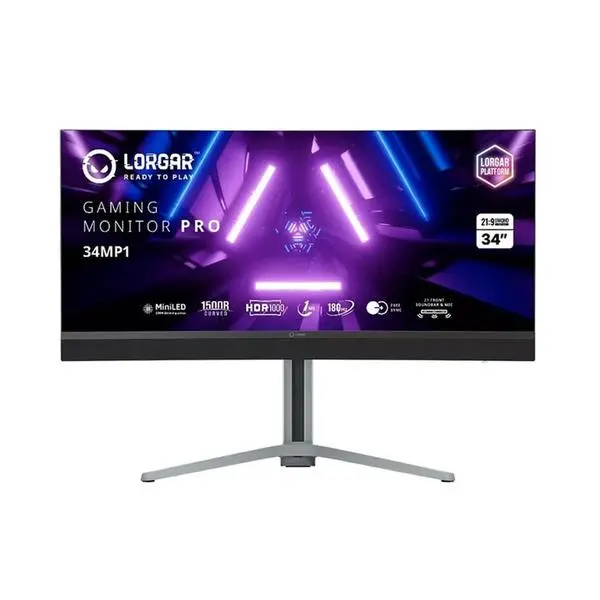 Монитор Lorgar 34MP1 (LRG-34MP1W180C-GY), 34" (86.36cm) VA панел, 180Hz, UWQHD, 1ms, 1 000 000:1, 1000 cd/m2, DisplayPort, HDMI, USB