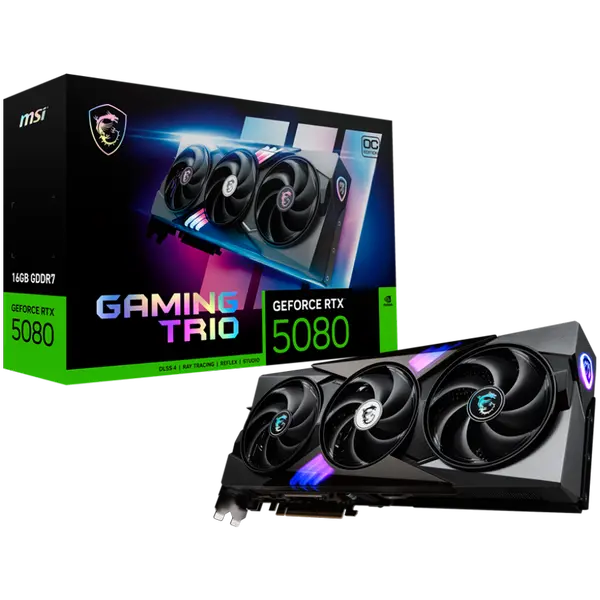 MSI Video Card Nvidia GeForce RTX 5080 16G GAMING TRIO OC, 16GB GDDR7, 256bit, Effective Memory Clock: 30000MHz, Boost: 2617 MHz, 10752 CUDA Cores, PCIe 5.0 - RTX_5080_16G_GAMING_TRIO_OC