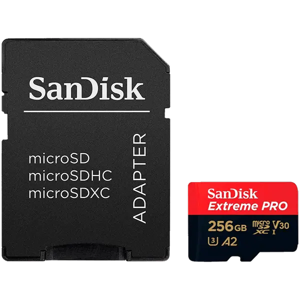 SanDisk Extreme PRO microSDXC 256GB + SD Adapter + 2 years RescuePRO Deluxe up to 200MB/s & 140MB/s Read/Write speeds A2 C10 V30 UHS-I U3, EAN: 619659188542 - SDSQXCD-256G-GN6MA