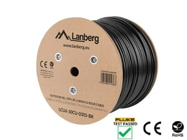Lanberg LAN cable CAT.6 utp 305m solid outdoor gel-filled cu black fluke passed - LCU6-30CU-0305-BK