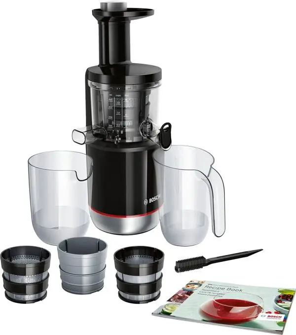 Bosch MESM731M, Slow juicer VitaExtract 150 W, 55 rpm, 1 speed + reverse function, tritan screw, MixControl lever, juice container 1 l, pulp container 1,3l, 3 filters (fine, coarse and sorbet), black / brushed s/s - MESM731M