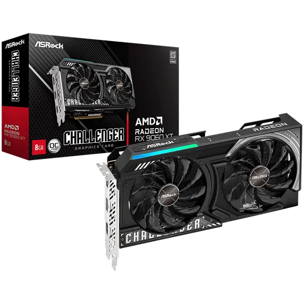 ASROCK Video Card AMD Radeon RX 9060 XT Challenger 8GB OC GDDR6, 128-bit, 2x DisplayPort 2.1a, 1x HDMI 2.1b, 249 x 132 x 41 mm, recomended PSU 550W, 1x 8-pin power connector - RX9060XT CL 8GO