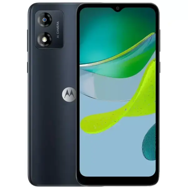 Motorola Moto E13 (черен), поддържа 2 SIM карти, 6.5" (16.51cm) IPS дисплей, осемядрен UNISOC T606 2x 1.6 GHz + 6x 1.6 GHz, 2GB RAM, 64GB Flash памет (+microSD слот), 13 + 5 Mpix камера, Android, 179g