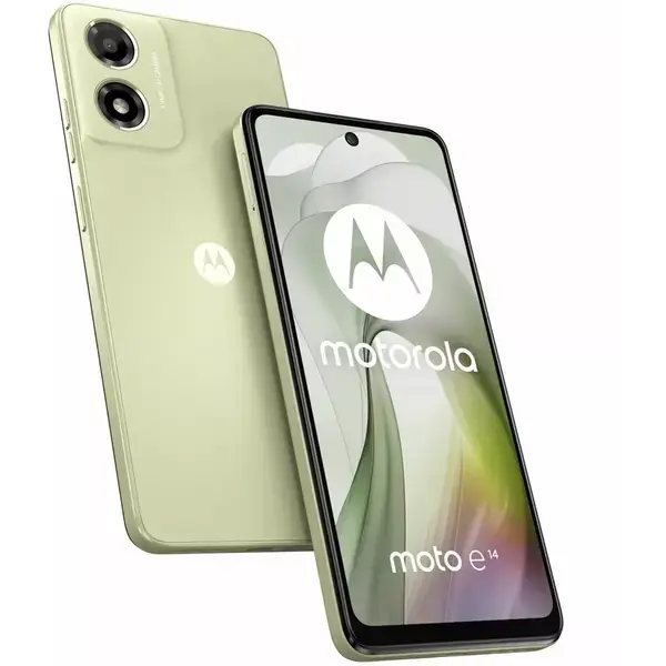 Motorola Moto E14 (зелен), поддържа 2 SIM карти, 6.56" (16.66cm) HD+ IPS 90Hz дисплей, осемядрен Unisoc T606 1.6GHz, 2GB RAM, 64GB Flash памет (+microSD слот), 13 & 5 Mpix камери, Android, 178g, PB3C0009PL