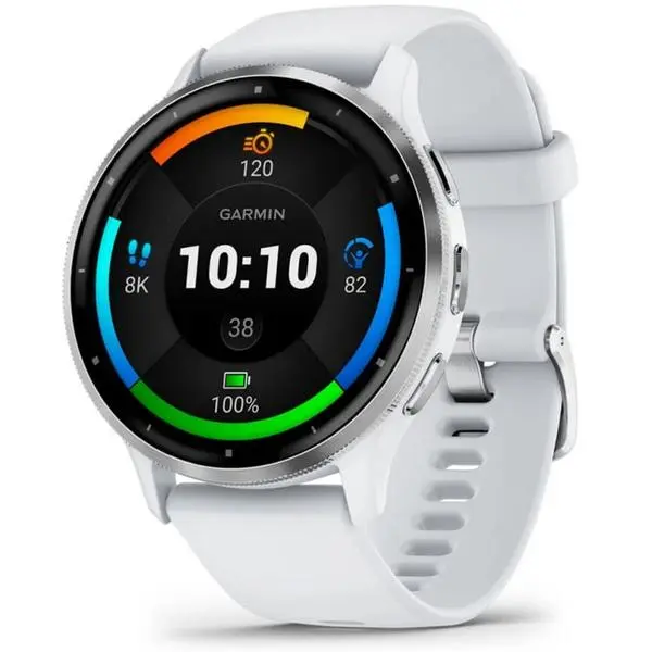 Garmin Venu 3 (Silver/Whitestone), 1.4" (3.54cm) AMOLED дисплей, 45мм, Bluetooth, ANT+, Wi-Fi, GPS, пулсомер, проследяване на стреса, мониторинг на съня, профили за бягане и плуване, 5ATM, до 14 дни живот на батерията, бял, 010-02784-00