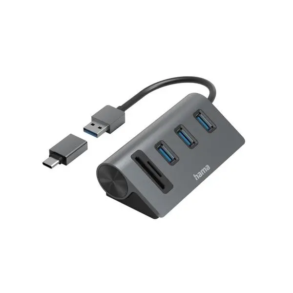HAMA USB хъб/четец на карти, 5 порта, 3x USB-A, SD, microSD, вкл. USB-C адаптер - HAMA-200140