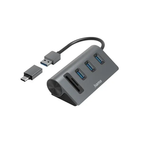 HAMA USB хъб/четец на карти, 5 портов, 3x USB-A, SD, microSD, вкл. USB-C адаптер - HAMA-200140