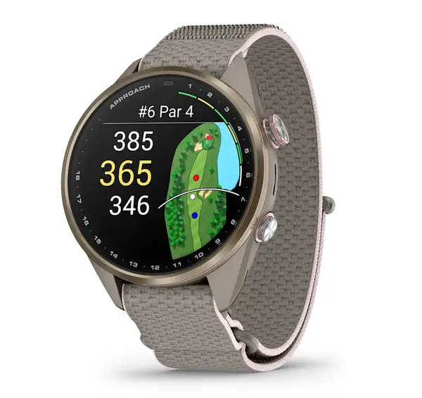 Garmin Approach S72 - 43 мм - Soft Gold/Blush Pink Titanium Bezel с French Grey/Blush Pink ComfortFit Fabric Band - 010-04147-04