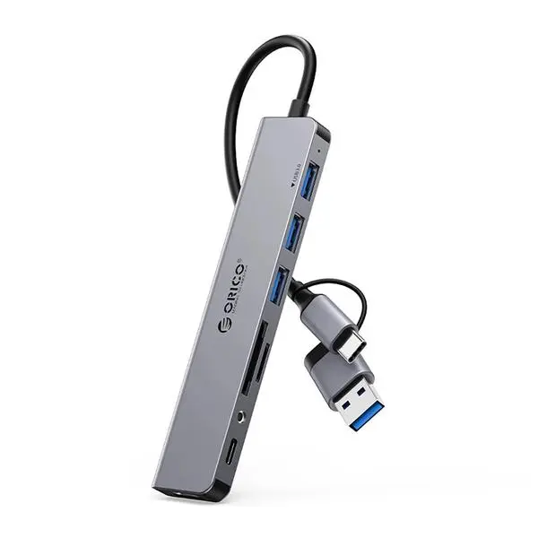 Докинг станция Orico YSA8-U3 USB-A/USB-C Hub 3xUSB-A 2.0 + 1x USB-A 3.0 + 1x USB-C 2.0 + 1x 3.5mm Audio + 2x TF&SD - сив (v)