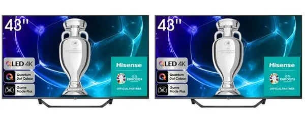 2x Hisense 43" A7KQ, 4K Ultra HD 3840x2160, QLED, FALD, Quantum Dot, HDR 10+, HLG, Dolby Vision, Dolby Atmos - 43A7KQ_X2_TS250GESD270C