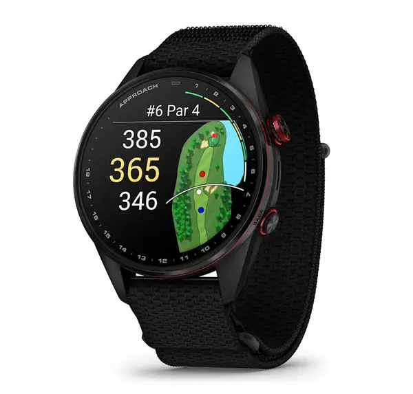 Garmin Approach S72 - 47 мм - Carbon Gray/Red DLC Titanium Bezel с Black ComfortFit Fabric каишка - 010-04148-02