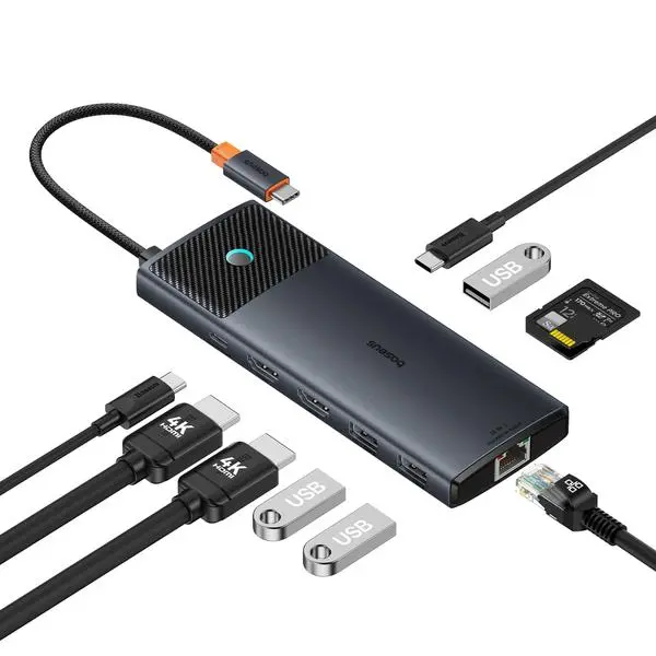 USB хъб Baseus 10 в 1 Metal Gleam Series USB-C към USB-C PD / USB-C / 3x USB-A / 2x HDMI / RJ-45 / SD / TF B00061800123-00 - черен (v)