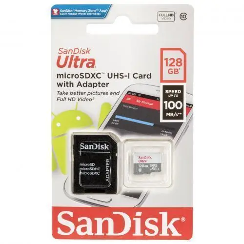 SANDISK Ultra microSDHC UHS-I, 128GB, Class 10, 100Mb/s, Адаптер, SD-SDSQUNR-128G-GN3MA