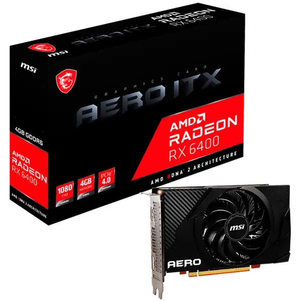MSI Video Card AMD Radeon RX 6400 AERO ITX 4G, 4GB GDDR6, 64bit, 16000 MHz Effective Memory Clock, Boost: 2321 MHz, 768 Cores, 1x DP, 1x HDMI, 350W Recommended PSU - RX_6400_AERO_ITX_4G