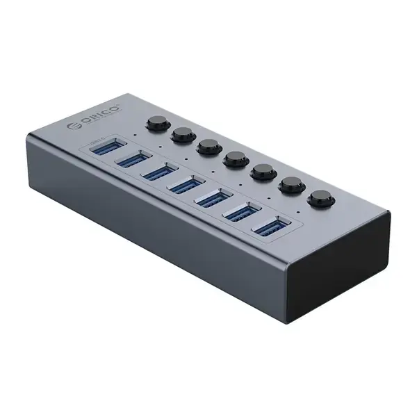 Orico Хъб USB3.0 HUB 7 port with Power Adapter, On/Off buttons, Aluminium BT2U3-7AB-EU-GY - BT2U3-7AB-EU-GY-BP