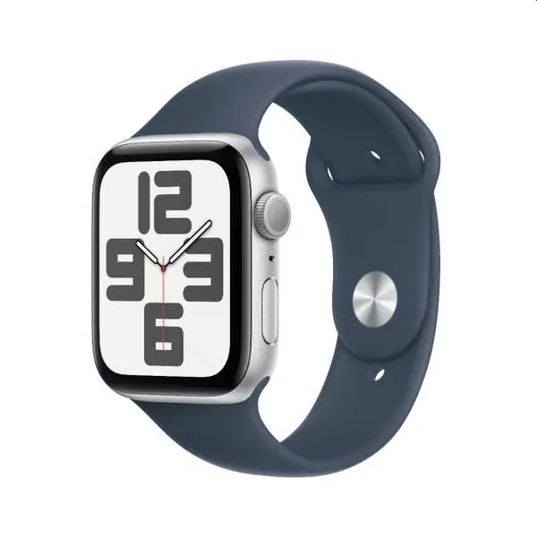 Apple Watch SE2 v2 GPS 44mm Silver Alu Case w Storm Blue Sport Band - S/M - MREC3QC/A