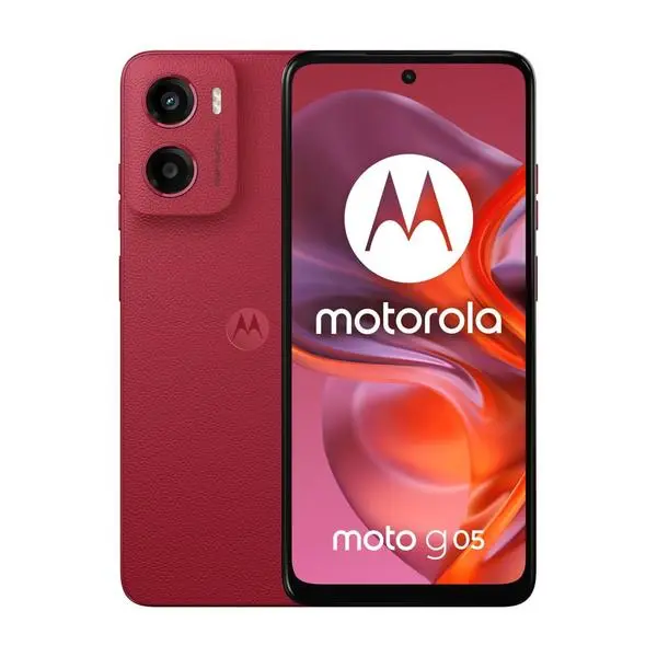 Motorola Moto G05 (червен), поддържа 2 SIM карти, 6.67" (16.94cm) HD+ 90Hz дисплей, осемядрен MediaTek Helio G81 Extreme 2 GHz, 8GB RAM, 128GB Flash памет (+microSD слот), 50 & 8 Mpix камери, Android,  PB6L0013PL