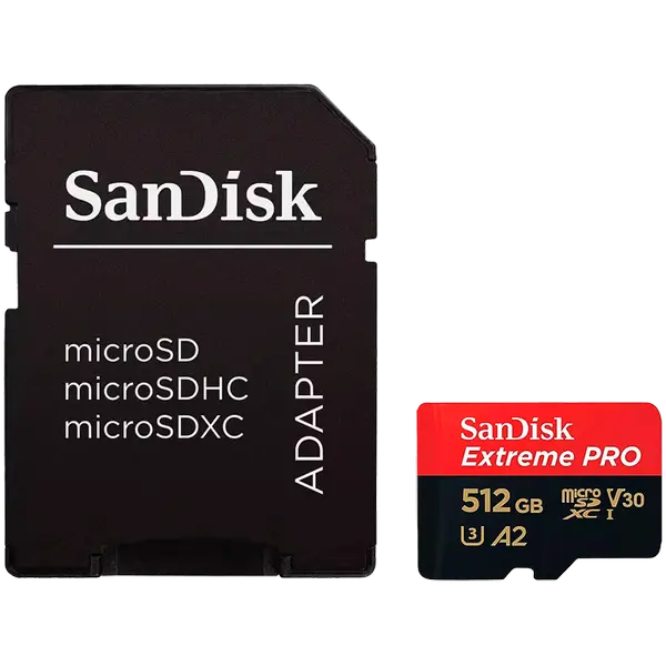 SanDisk Extreme PRO microSDXC 512GB + SD Adapter + 2 years RescuePRO Deluxe up to 200MB/s & 140MB/s Read/Write speeds A2 C10 V30 UHS-I U3, EAN: 619659188566 - SDSQXCD-512G-GN6MA