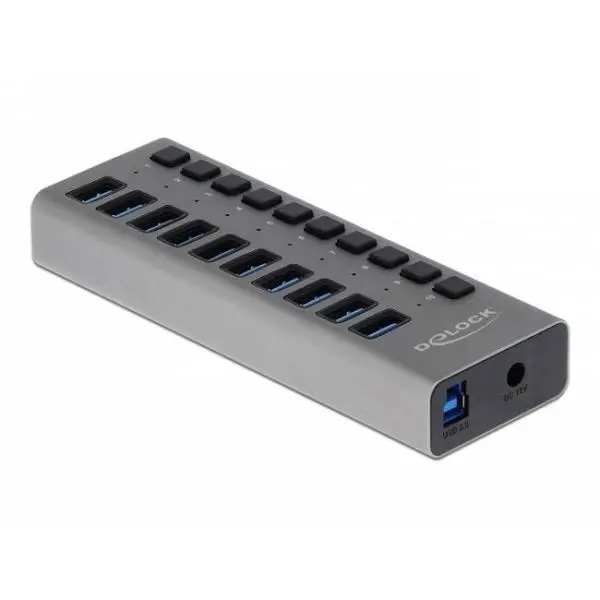 USB хъб Delock 10 x USB-A, 1 x USB-B, 5 Gbps, Превключвател, LED индикатор, Сив - DELOCK-63670