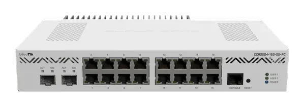 Комутатор Mikrotik CCR2004-16G-2S+PC с 16 Gigabit порта и 2 SFP+ порта