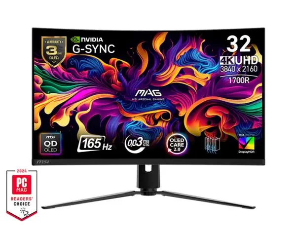 MSI MAG 321CUP QD-OLED, 31.5", 0.03ms, 165Hz, 3840x2160 (UHD), Curve 1700R, G-Sync Compatible, Oled Care 2.0 - 9S6-3DD54T-001