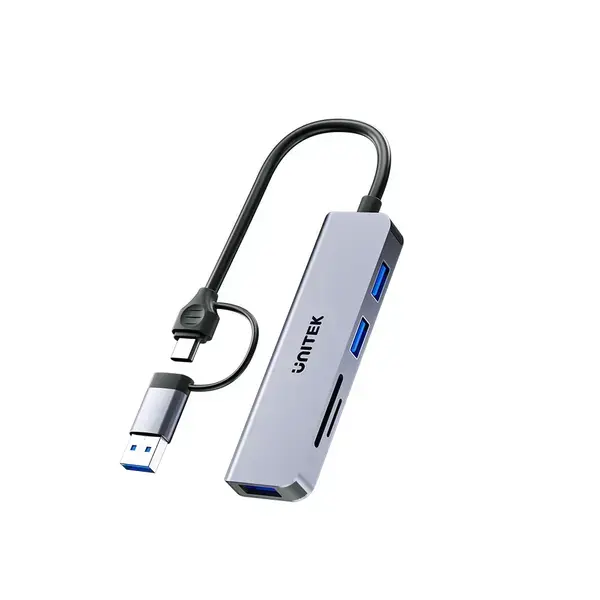 Unitek Хъб HUB USB-C/USB-A 3 port uHUB P5+ USB3.0 x 3, Card reader, Aluminium - H1320AGY01