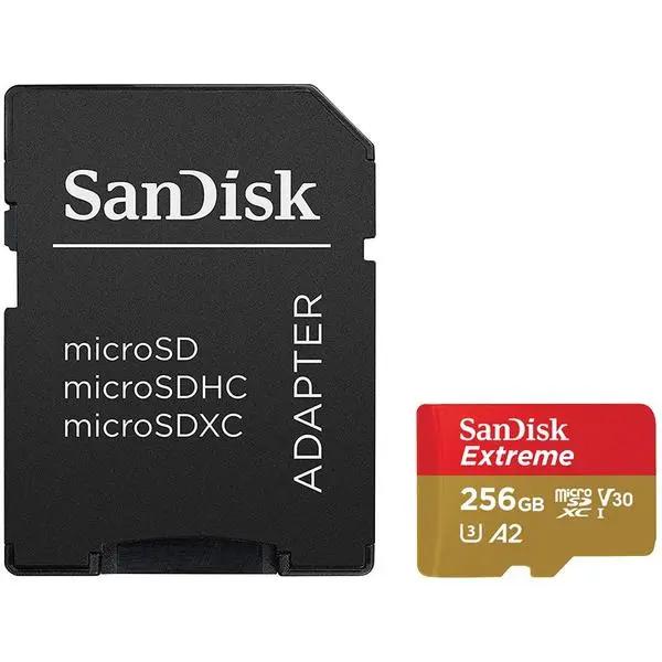 SanDisk Extreme microSDXC 256GB + SD Adapter + Rescue Pro Deluxe 160MB/s A2 C10 V30 UHS-I U5; EAN: 619659169732 - SDSQXA1-256G-GN6MA