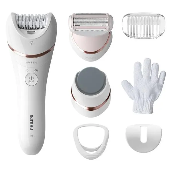 Епилатор Philips BRE730/10, работа на батерия, 2 скорости, до 40 минути време на работа, 7 принадлежности, бял/розов