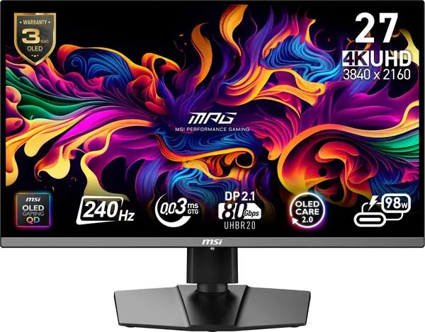 MSI MPG 272URX QD-OLED Gaming Monitor, 26.5", 0.03ms, 240Hz, 3840x2160, G-SYNC, AMD FreeSync Premium Pro - 9S6-3CD79A-054