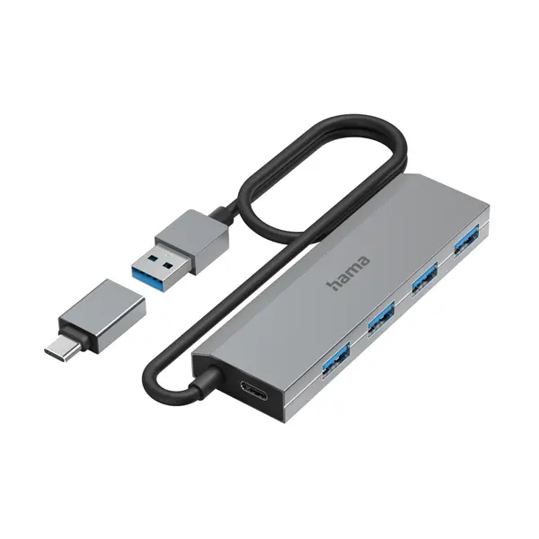 HAMA 4-портов хъб, USB 3.2 Gen 1, 5 Gbit/s, вкл. USB-C адаптер, авт. захранване - HAMA-200138