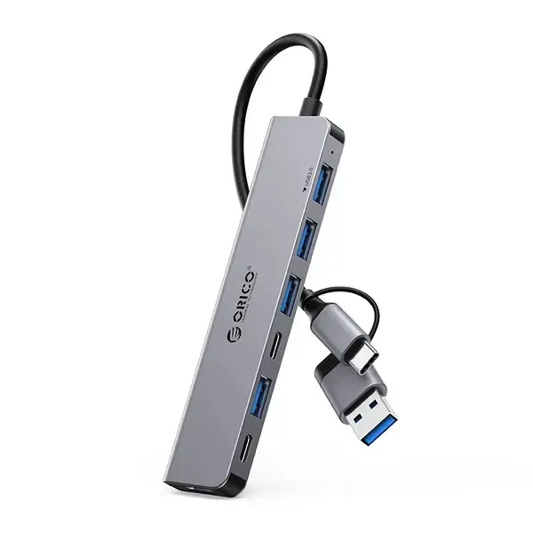 Orico Хъб HUB USB-C/USB-A 7 port USB-C x 2, USB3.0 x 1, USB2.0 x 4, Aluminium YSA7-U3-GY - YSA7-U3-GY-BP
